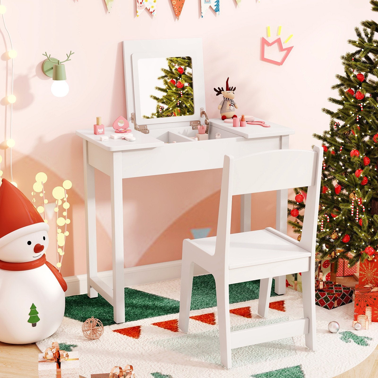 2-in-1 Kids Vanity Makeup Table and Chair Set with Flip Top Mirror-Pink