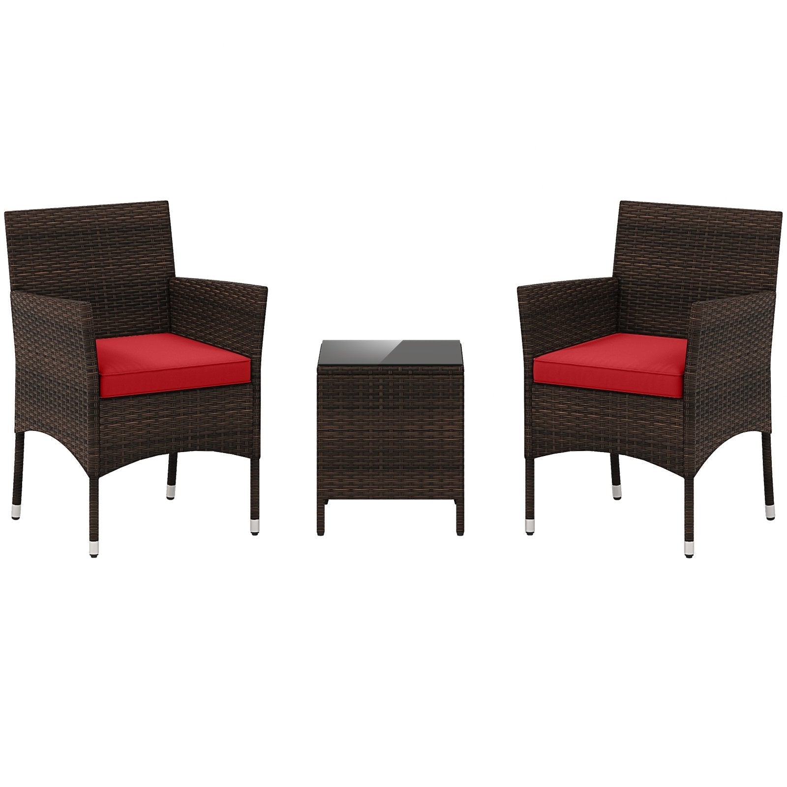 3 Pieces Outdoor Conversation Set with Cushioned Seat and Glass Tabletop-Beige