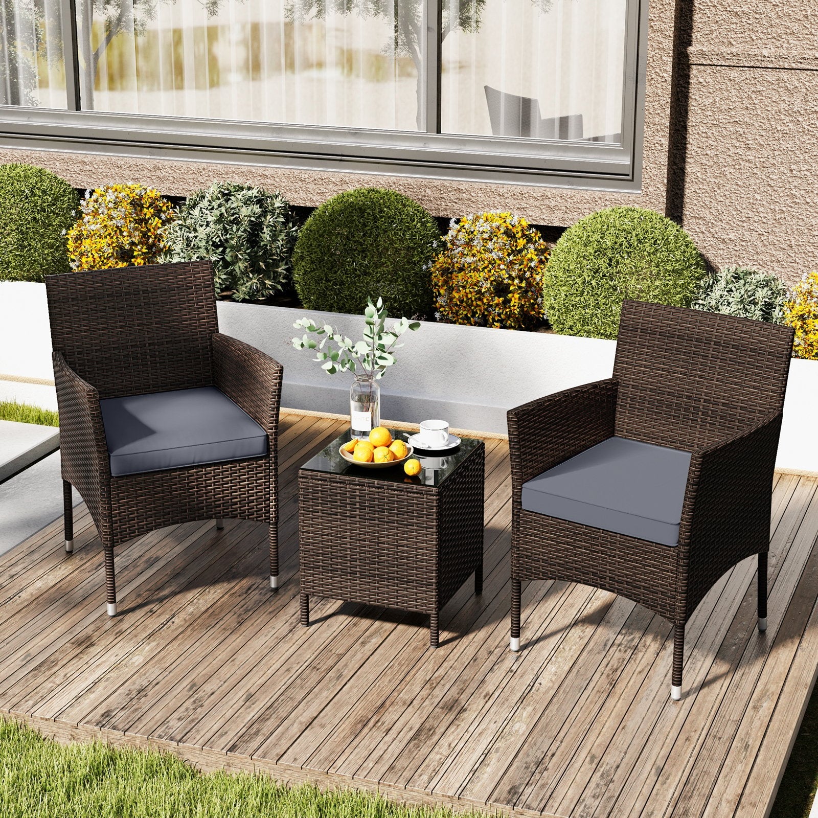3 Pieces Outdoor Conversation Set with Cushioned Seat and Glass Tabletop-Beige