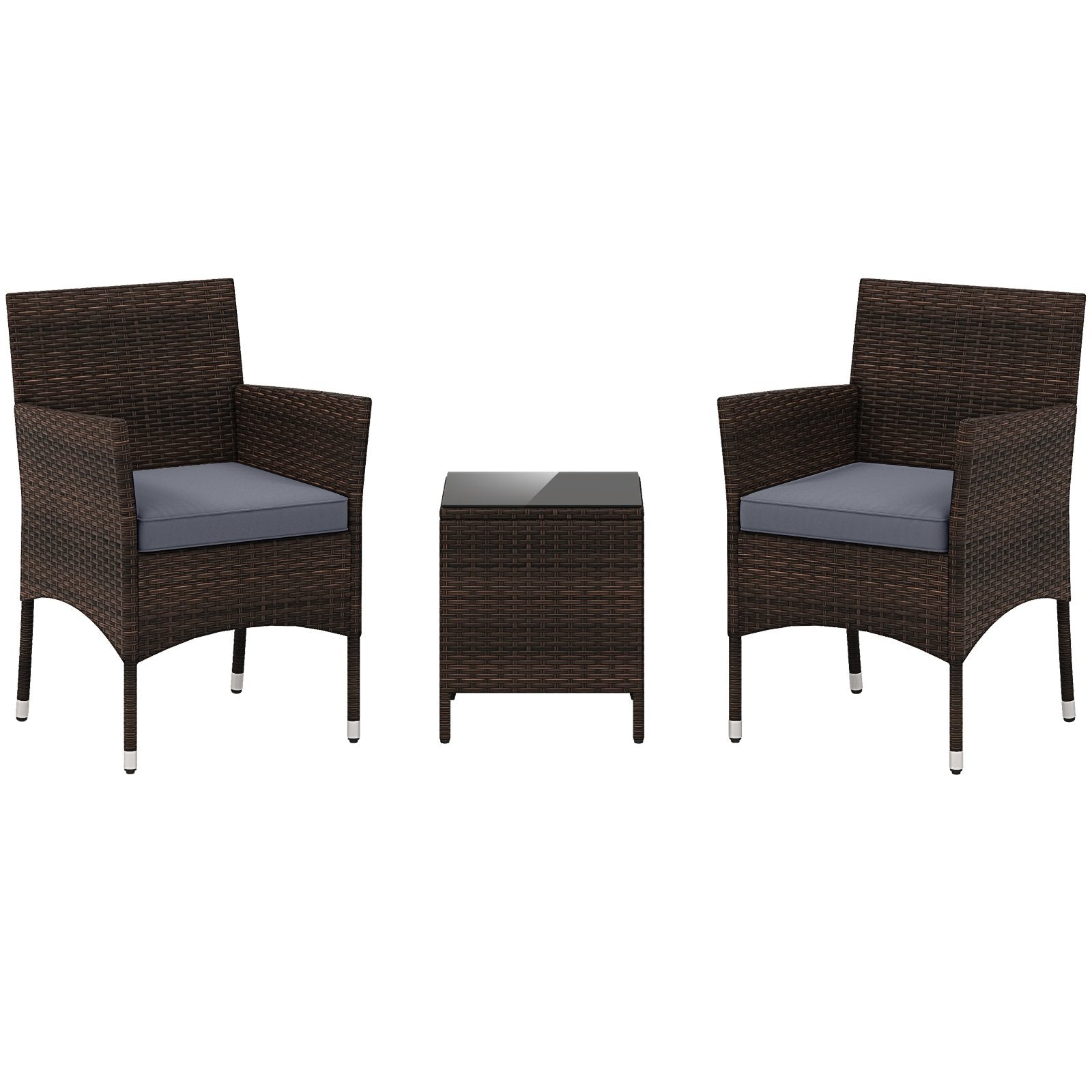 3 Pieces Outdoor Conversation Set with Cushioned Seat and Glass Tabletop-Beige
