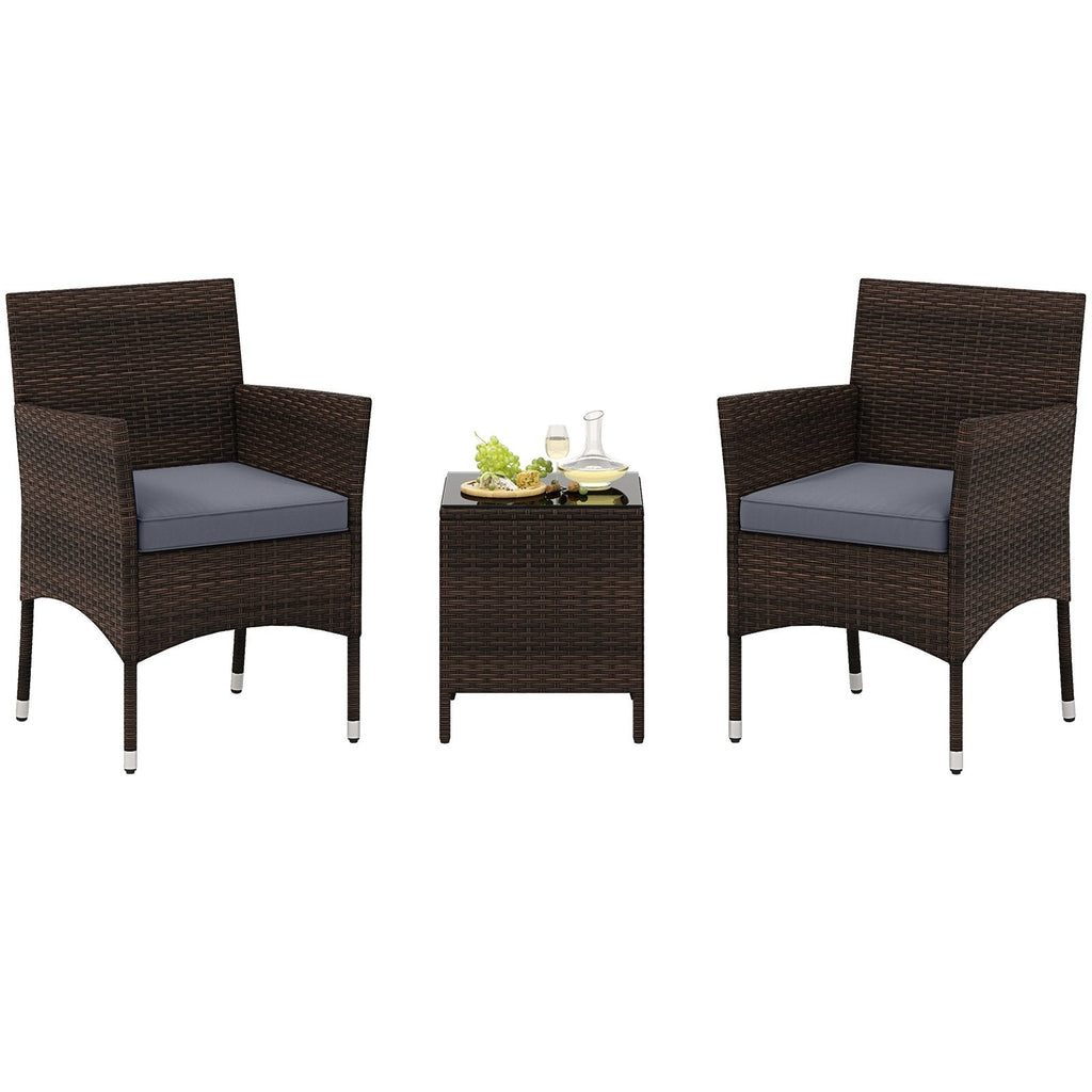 3 Pieces Outdoor Conversation Set with Cushioned Seat and Glass Tabletop-Beige