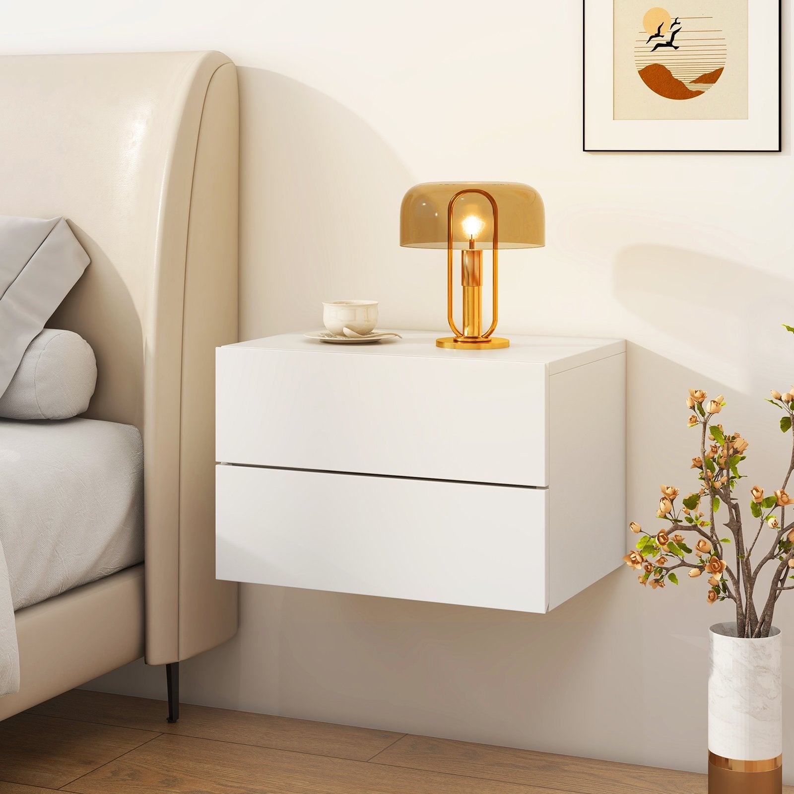 Floating Nightstand with Drawers and Storage Shelf-Gray