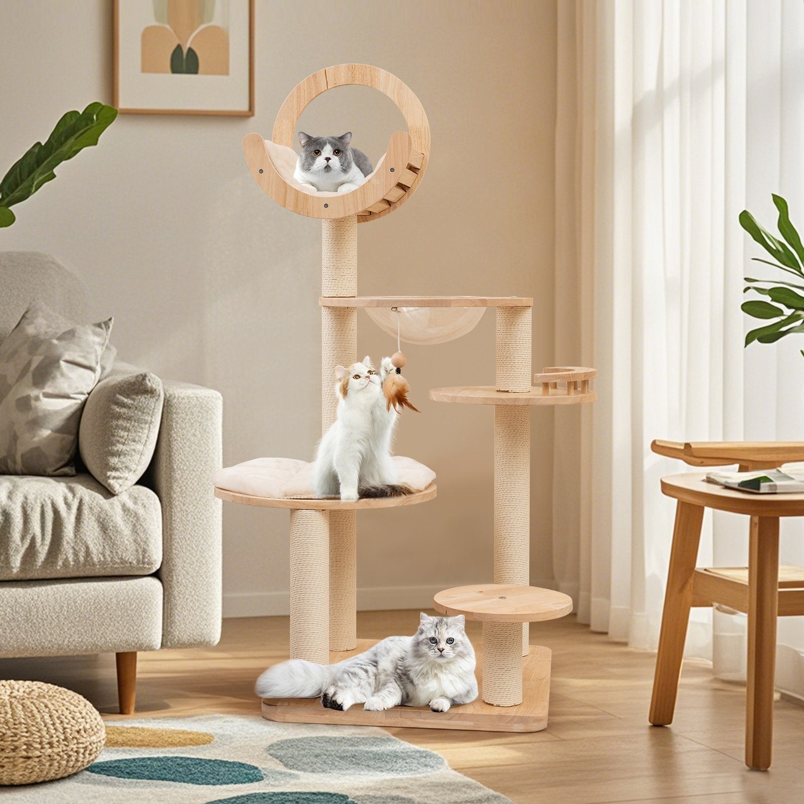4-in-1 Large Wooden Cat Tower with Space Capsule Nest for Indoor Cats