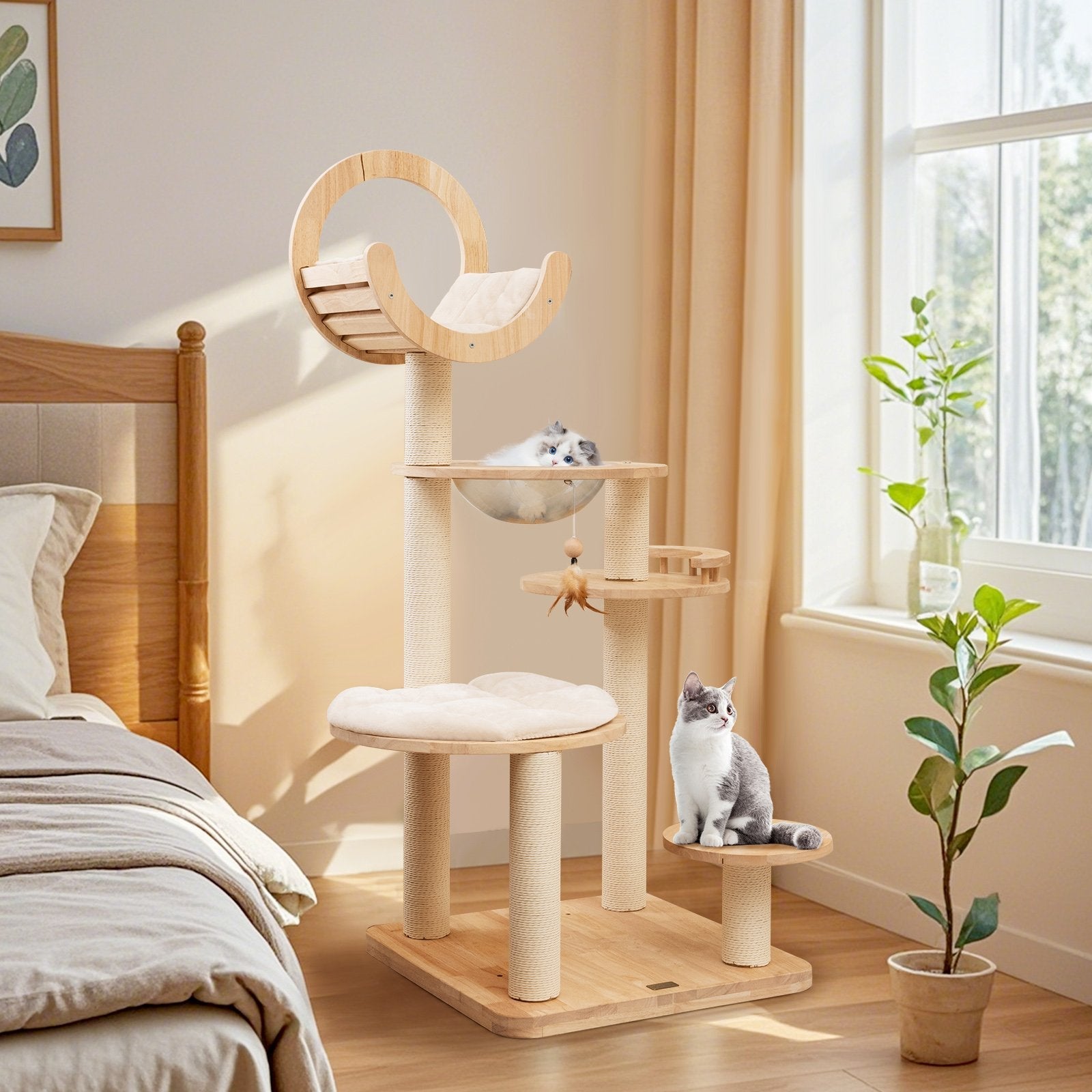4-in-1 Large Wooden Cat Tower with Space Capsule Nest for Indoor Cats