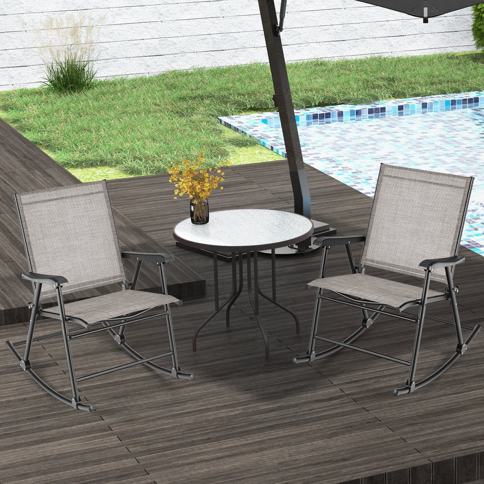 Folding Rocking Chair with Breathable Seat Fabric Set of 2-Black