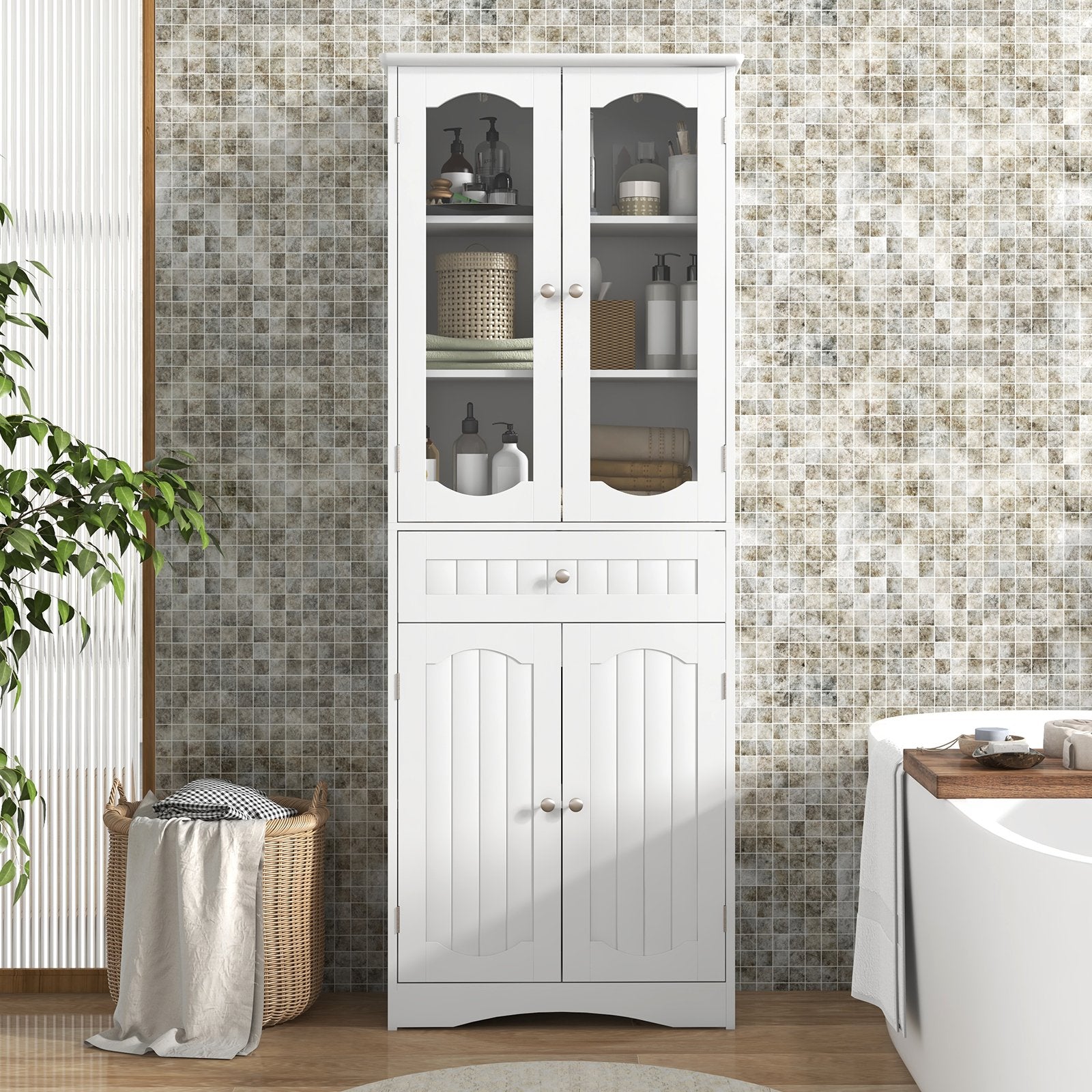 63 Inch Tall Bathroom Storage Cabinet with 2 Glass Doors and Adjustable Shelves-Black