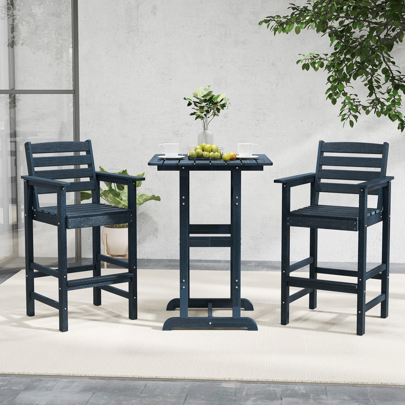 Patio HDPE Adirondack Bar Chairs Set of 2 with Wide Armrests-Black