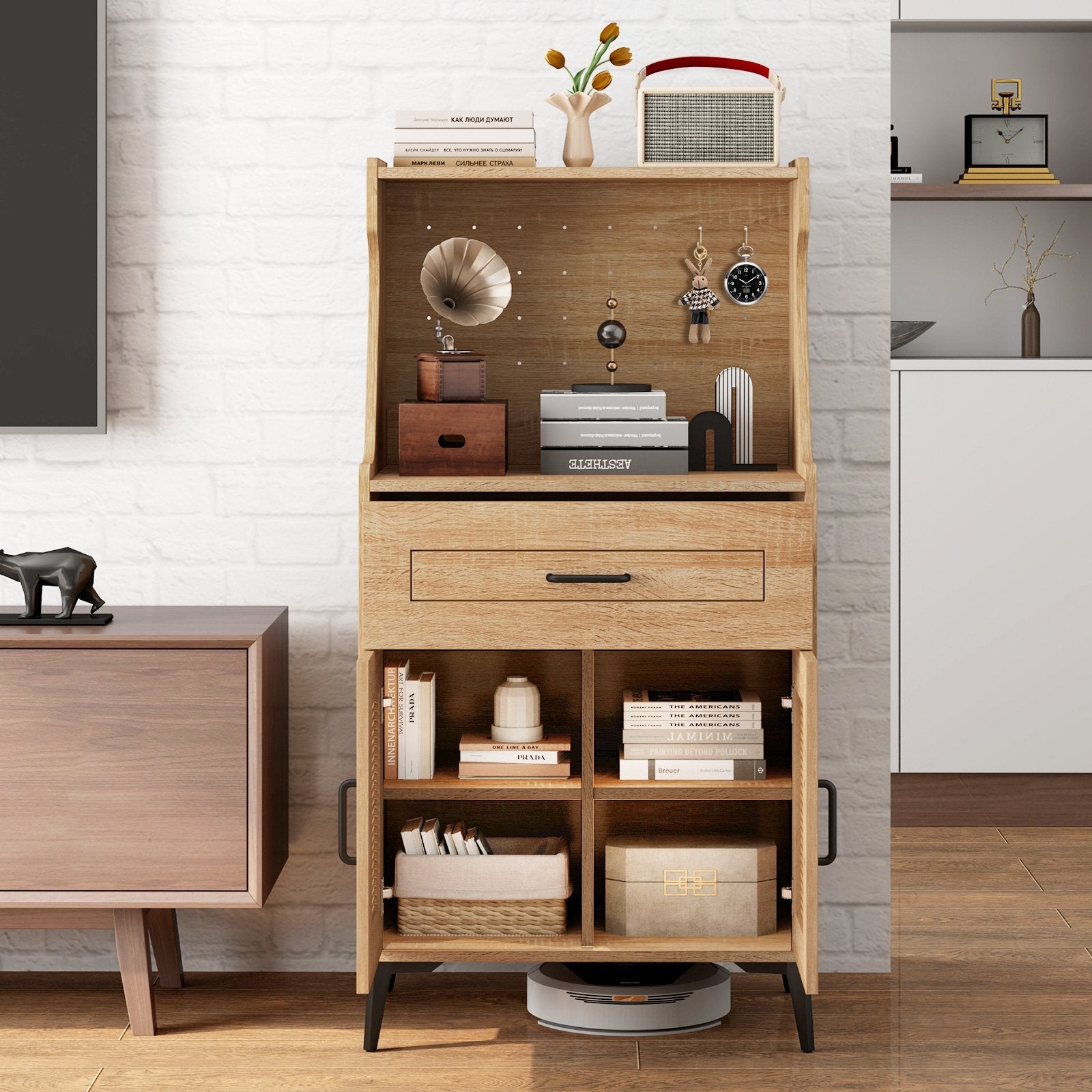Coffee Bar Cabinet with Pegboard  Storage Drawer and Adjustable Shelf-Oak