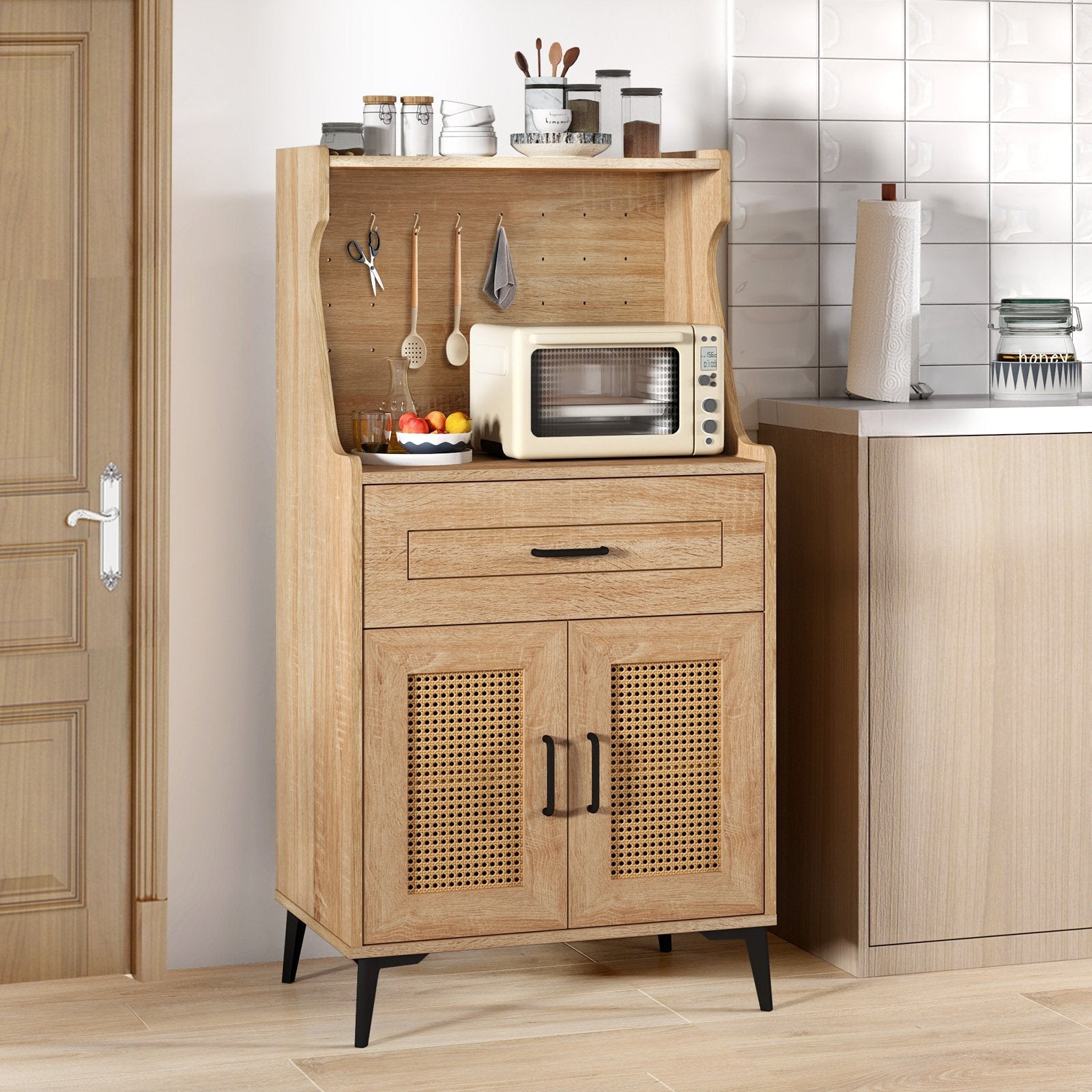 Coffee Bar Cabinet with Pegboard  Storage Drawer and Adjustable Shelf-Oak
