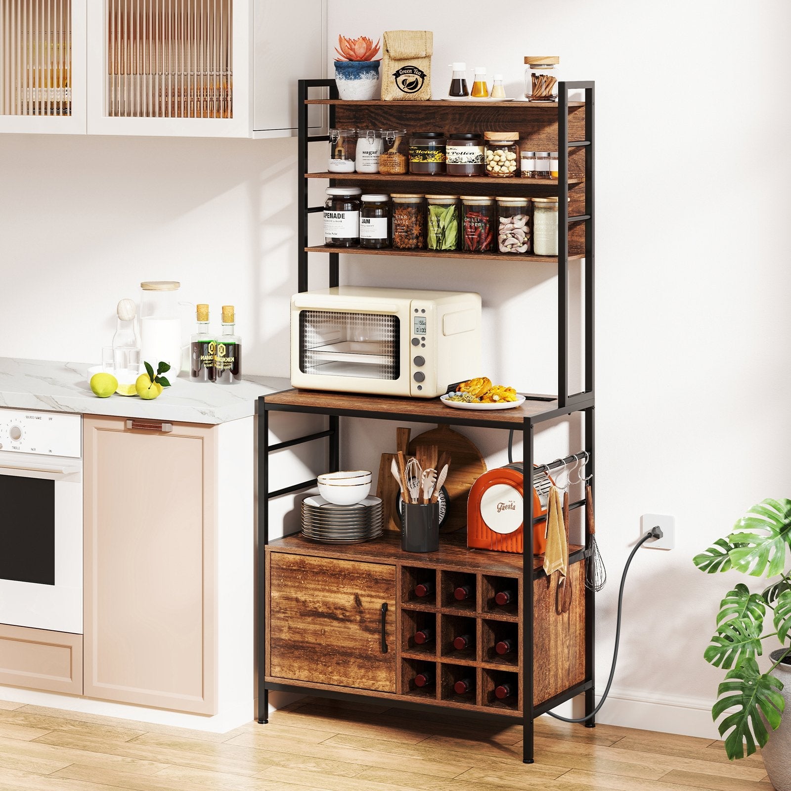 Coffee Bar Cabinet with S-Shaped Hooks and Wine Bottle Holders-Black