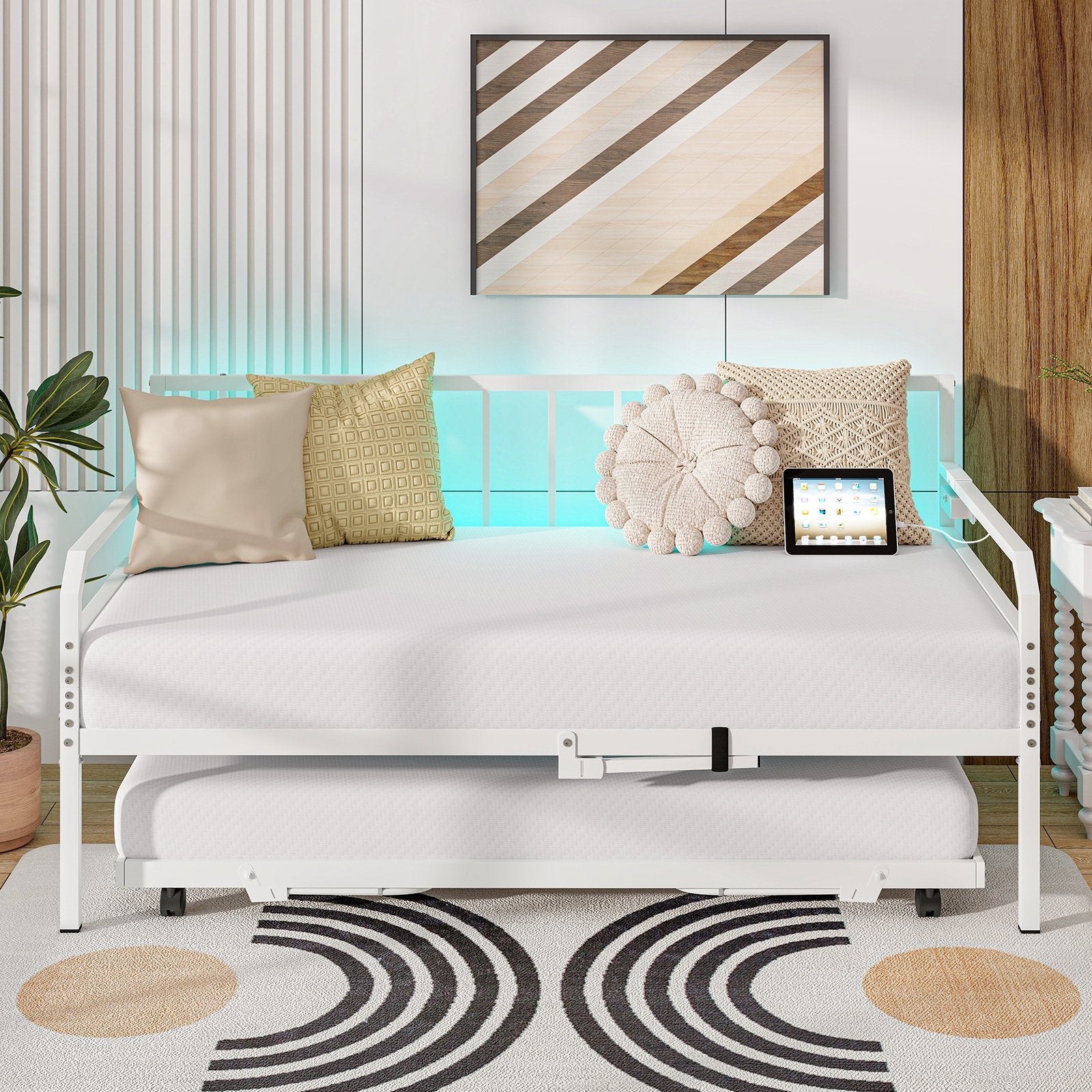 Adjustable Metal Twin Size Daybed with Charging Station and LED Light-Black