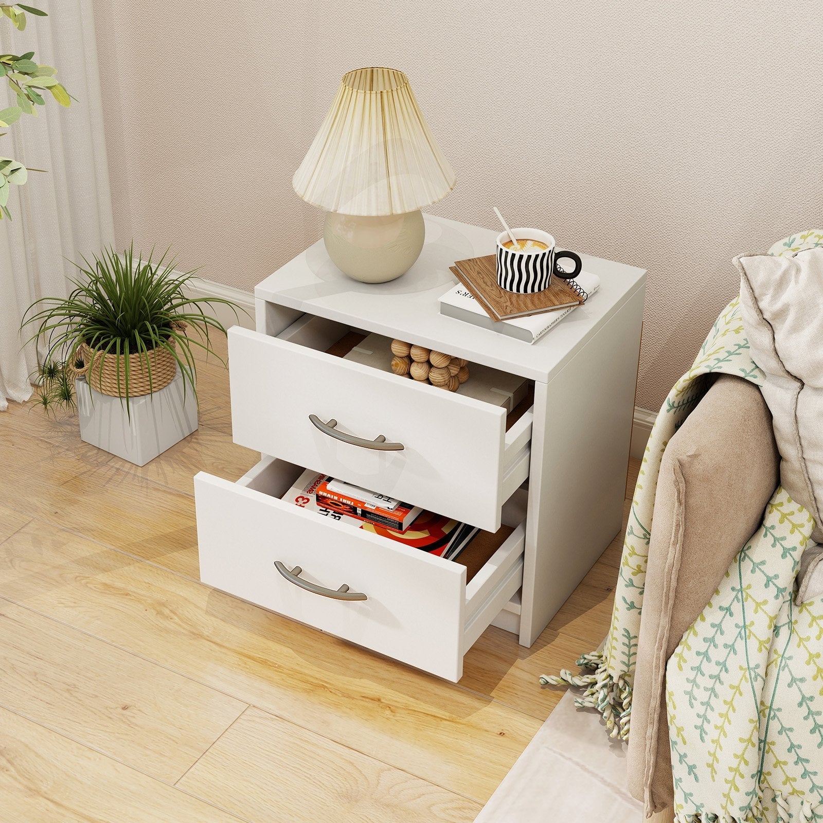2 Drawer Nightstand with Storage for Living Room-Oak