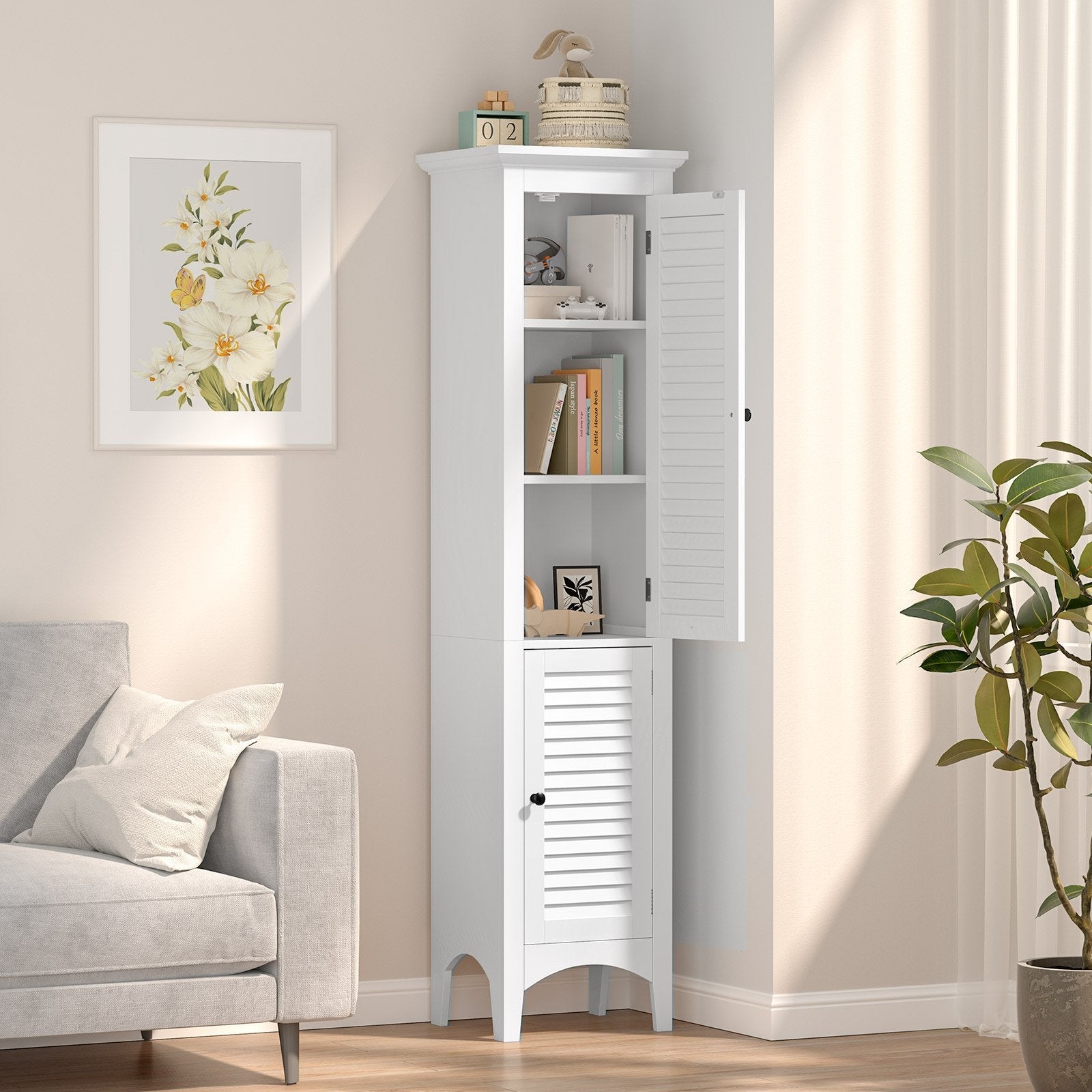 Tall Bathroom Floor Cabinet with Shutter Doors and Adjustable Shelf-Black