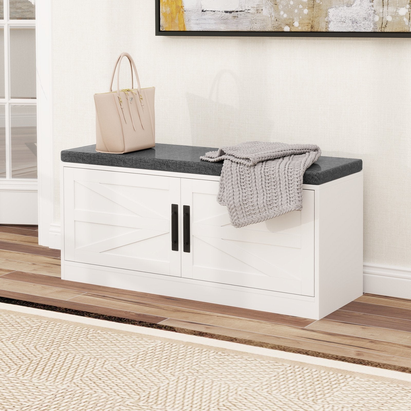 Shoe Bench with Cushion Farmhouse Shoe Rack Organizer with 2 Barn Doors-White