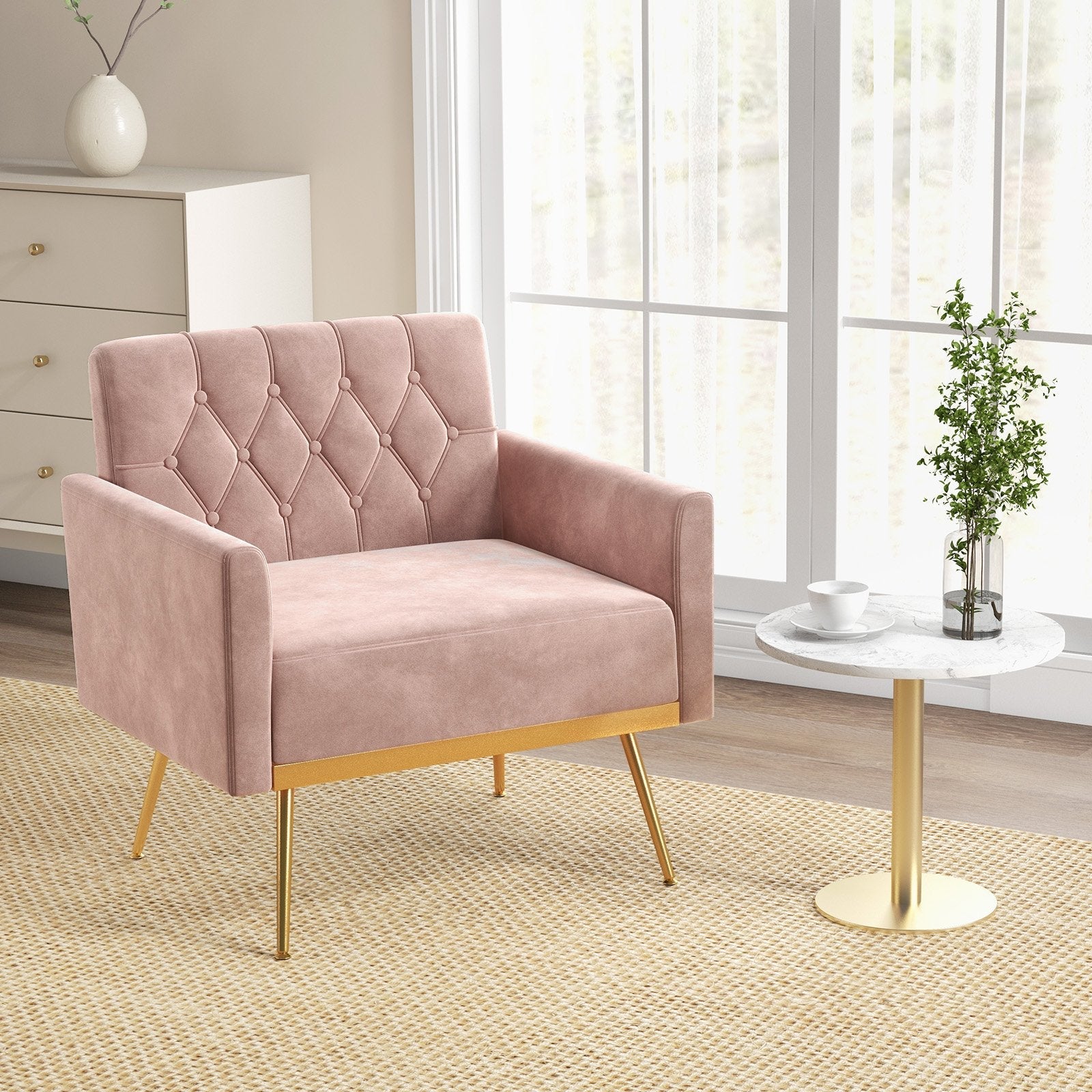Modern Velvet Accent Chair with Button Tufted Back Golden Metal Legs and Adjustable Foot Pads-Green