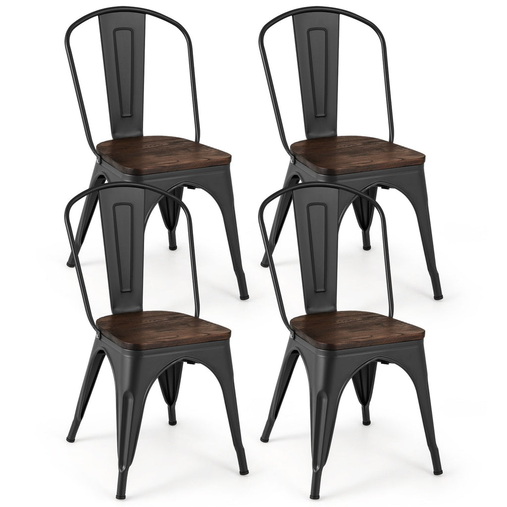 Metal Dining Chairs Set of 4 Tolix Style Stackable Kitchen Chairs with Wood Seat-Black