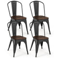 Metal Dining Chairs Set of 4 Tolix Style Stackable Kitchen Chairs with Wood Seat-Black
