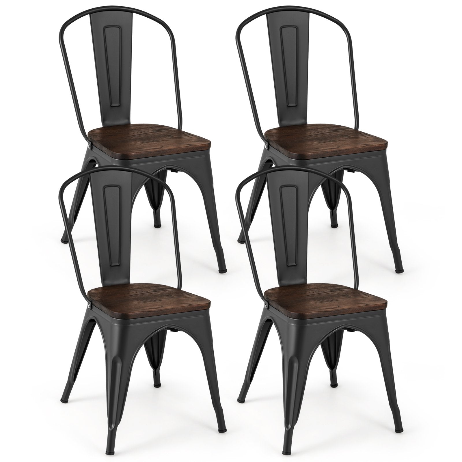 Metal Dining Chairs Set of 4 Tolix Style Stackable Kitchen Chairs with Wood Seat-Black