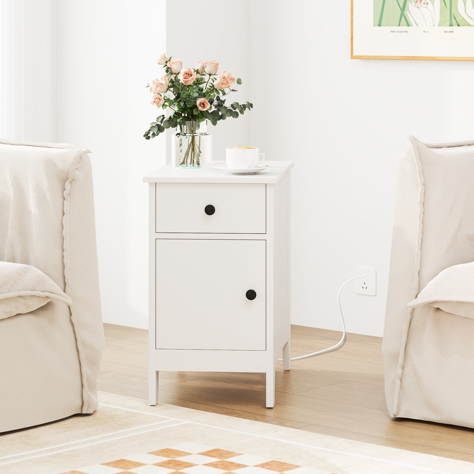 Flip Top End Table with Charging Station USB Ports Outlets and Drawer-Natural