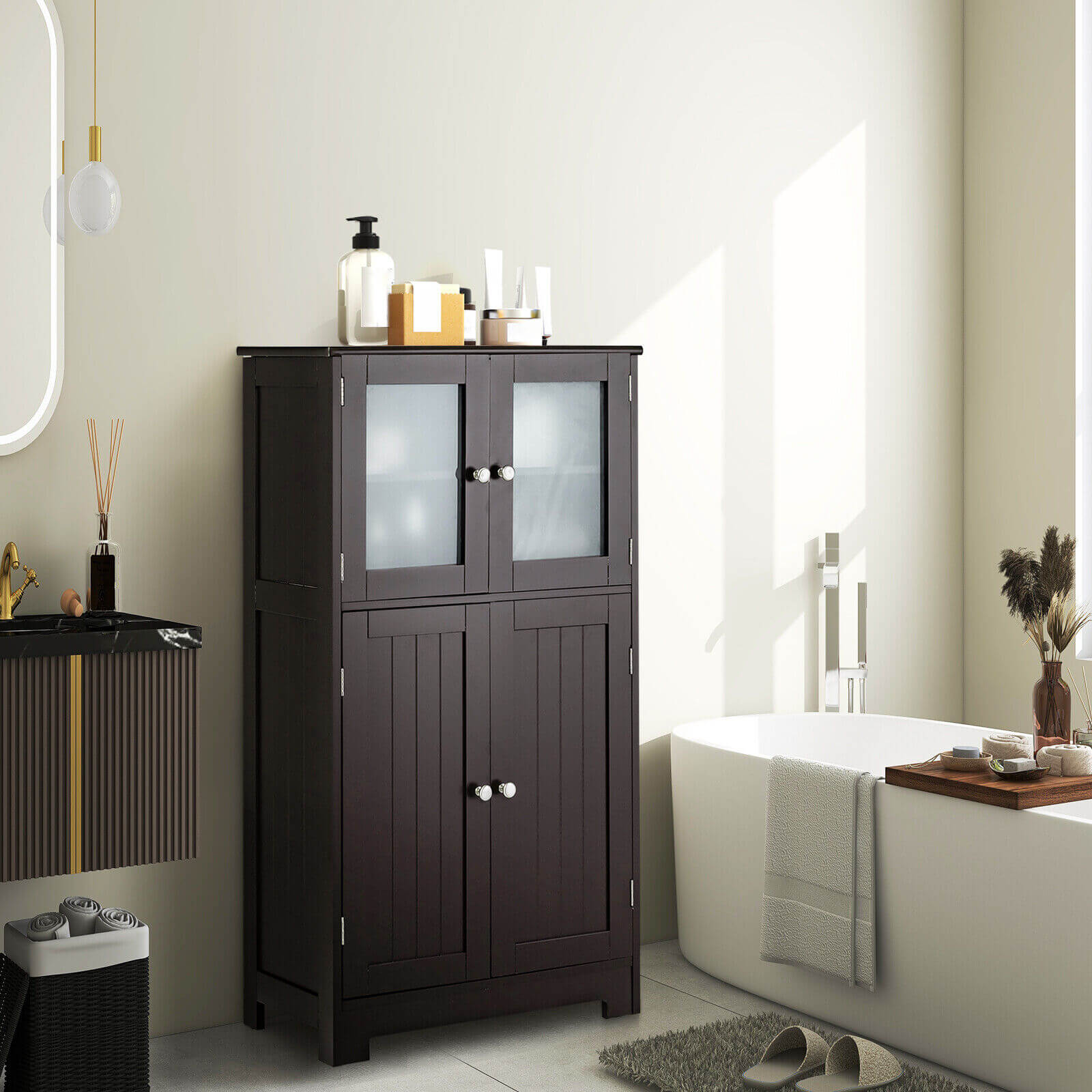 Bathroom Floor Storage Locker Kitchen Cabinet with Doors and Adjustable Shelf-Black