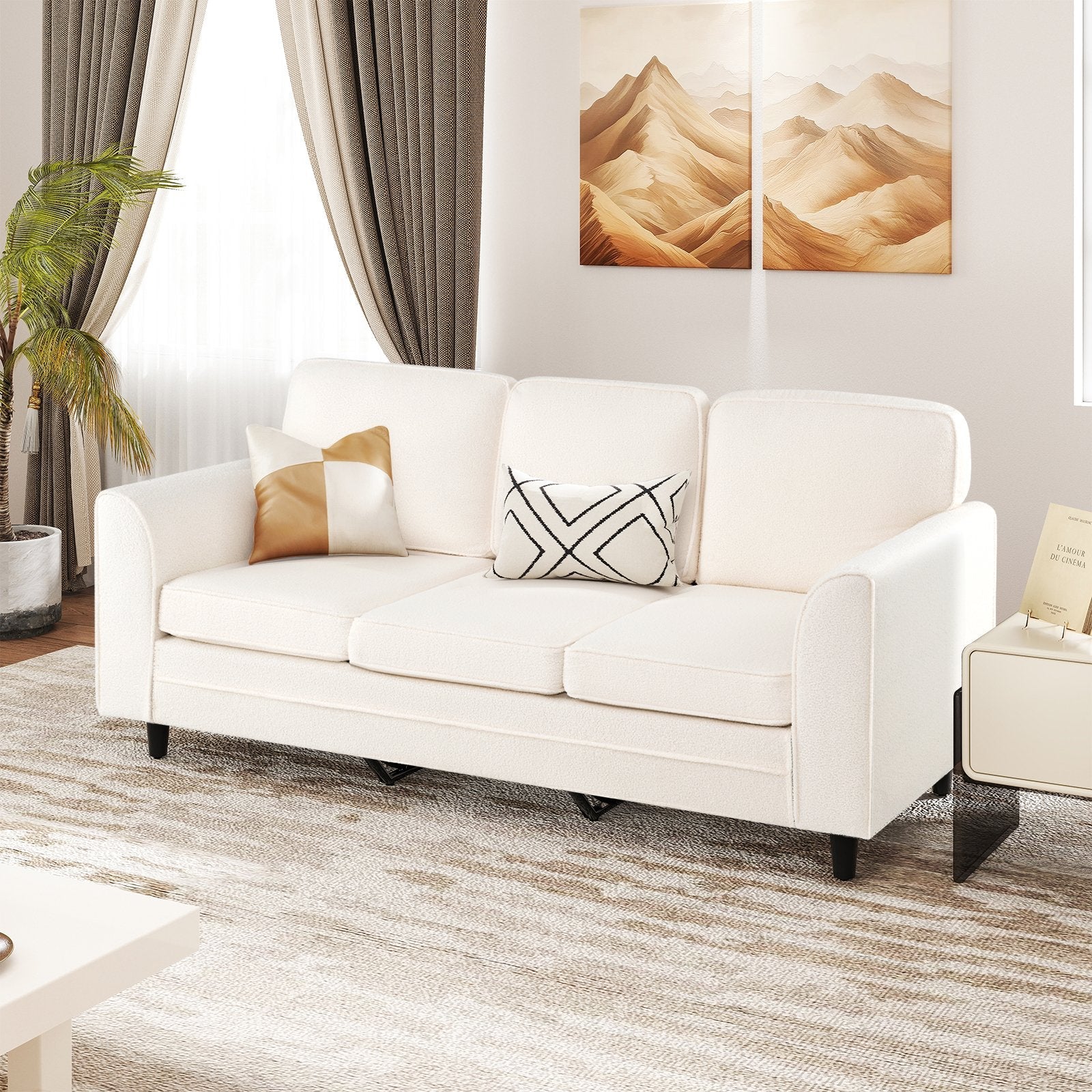 Upholstered Teddy Velvet 3-Seat Sofa with Comfy Back Pillows-Gray