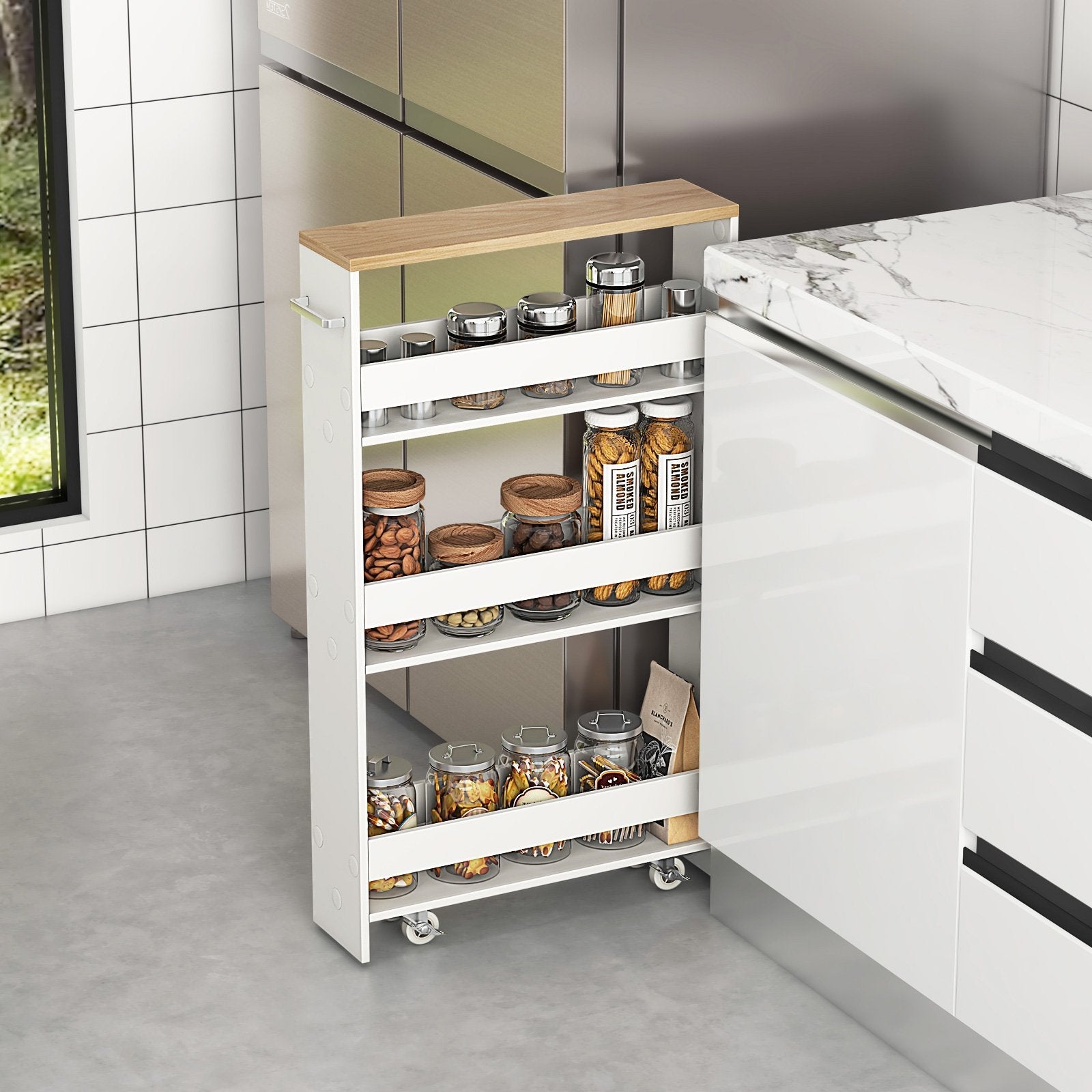 Rolling Kitchen Slim Storage Cart Mobile Shelving Organizer with Handle-Gray