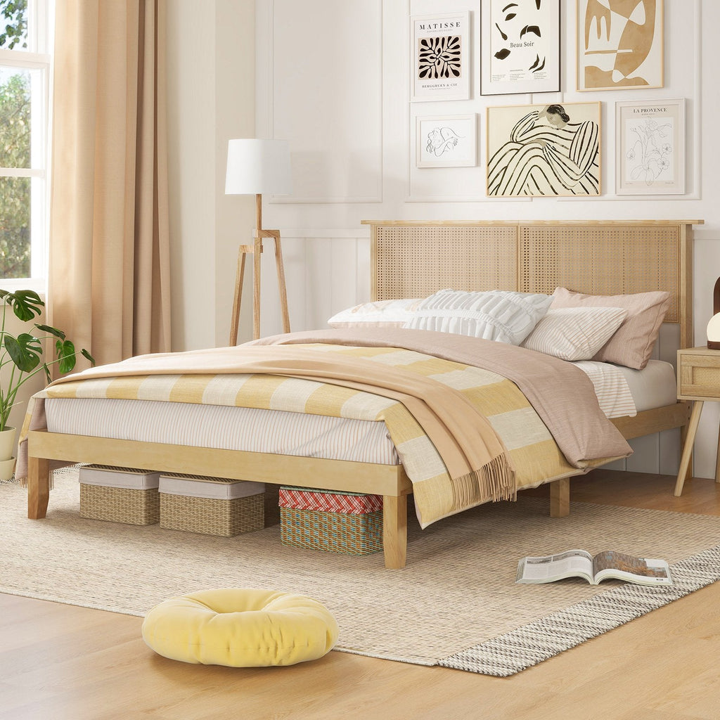 Twin/Full/Queen Size Bed Frame with Rattan Headboard-Queen Size