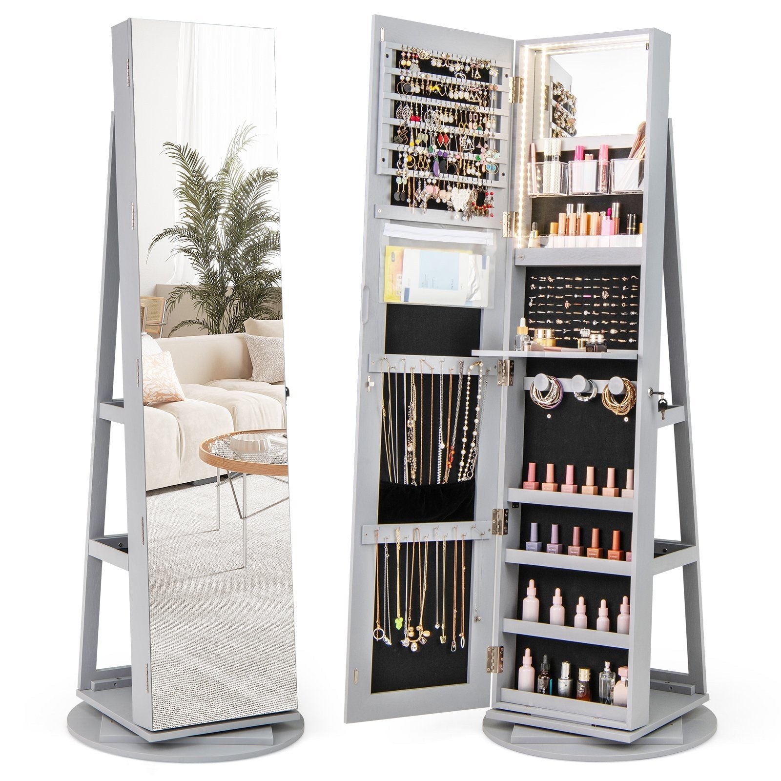 360° Rotating Mirrored Jewelry Cabinet Armoire 3 Color LED Modes Lockable-Black