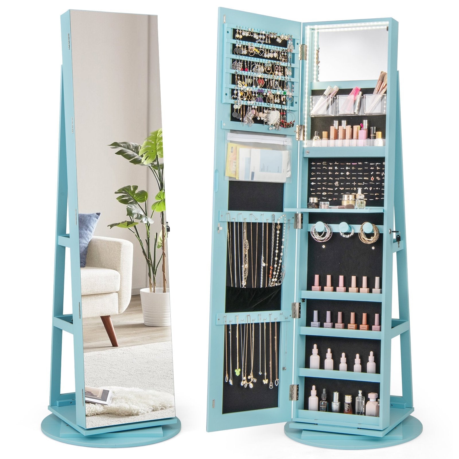 360° Rotating Mirrored Jewelry Cabinet Armoire 3 Color LED Modes Lockable-Black
