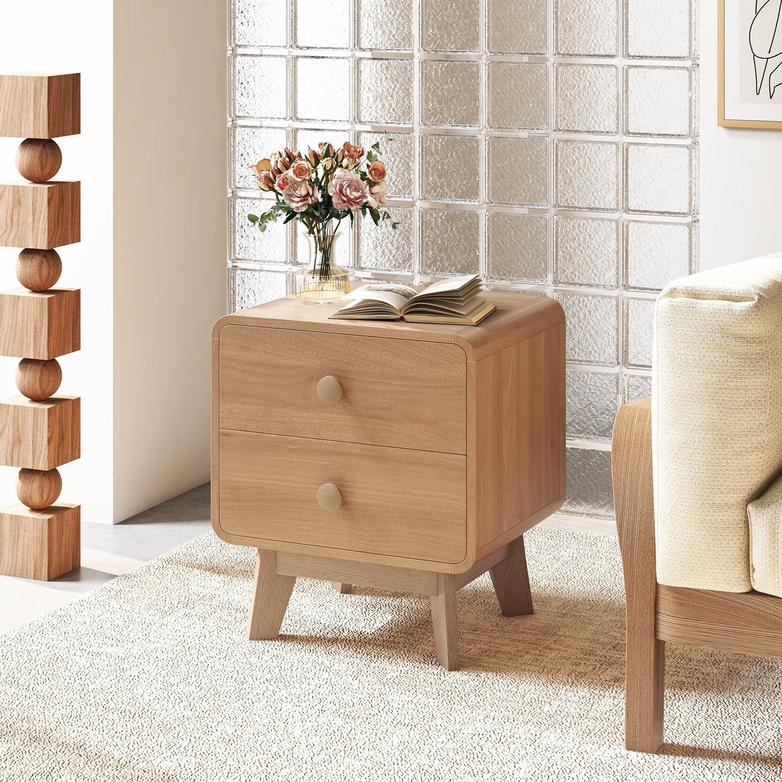 Nightstand with 2 Drawers Solid Rubber Wood Legs-Brown