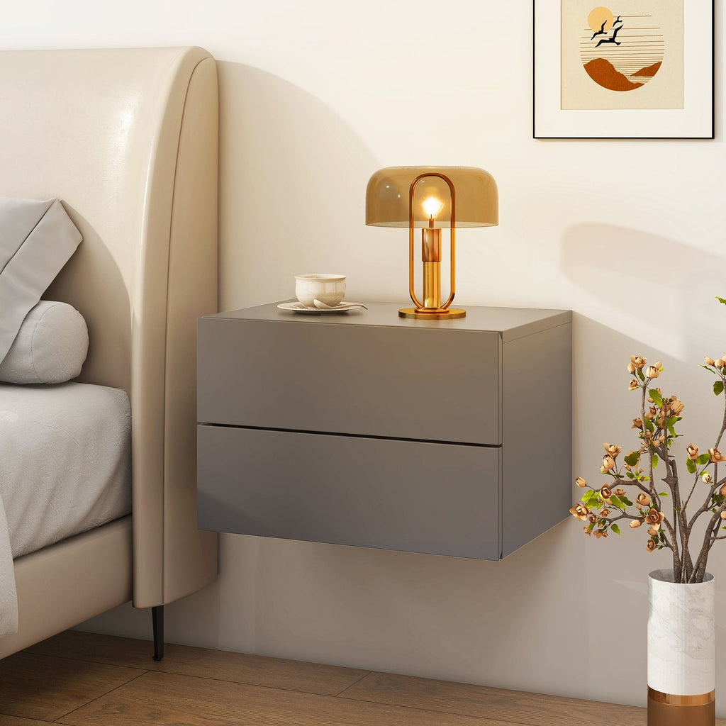 Floating Nightstand with Drawers and Storage Shelf-Gray