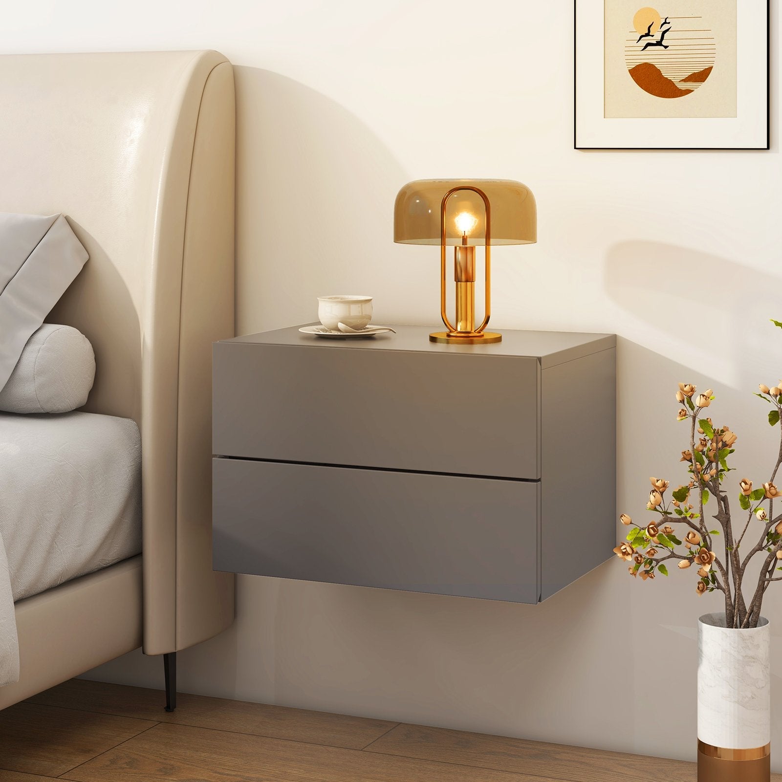 Floating Nightstand with Drawers and Storage Shelf-Gray