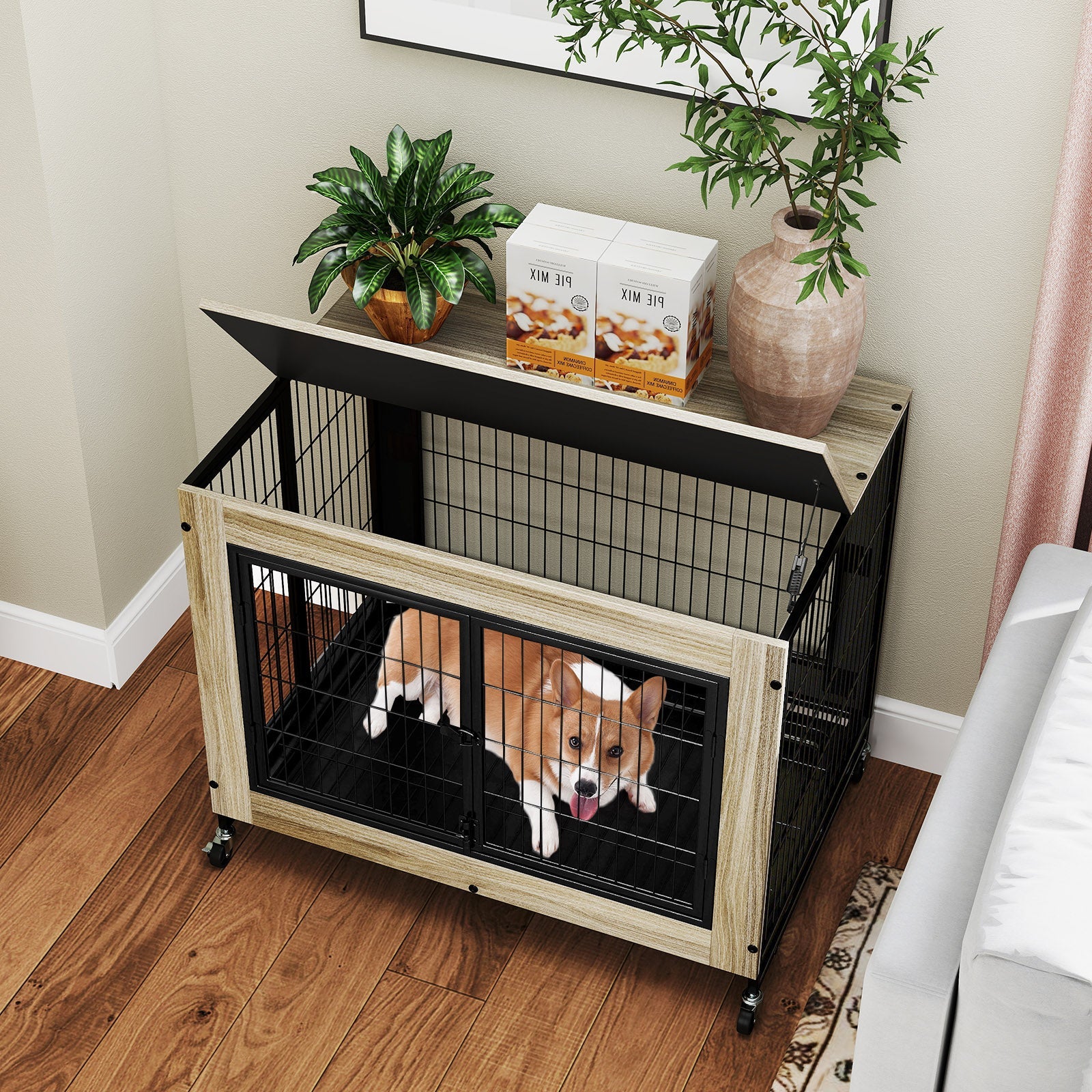 Industrial Dog Kennel with Flip-up Top 3 Lockable Doors and Removable Tray-Gray