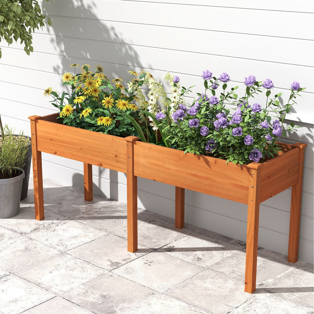 Fir Wood Outdoor Raised Garden Bed with Divider Panel and Drainage Holes-Natural