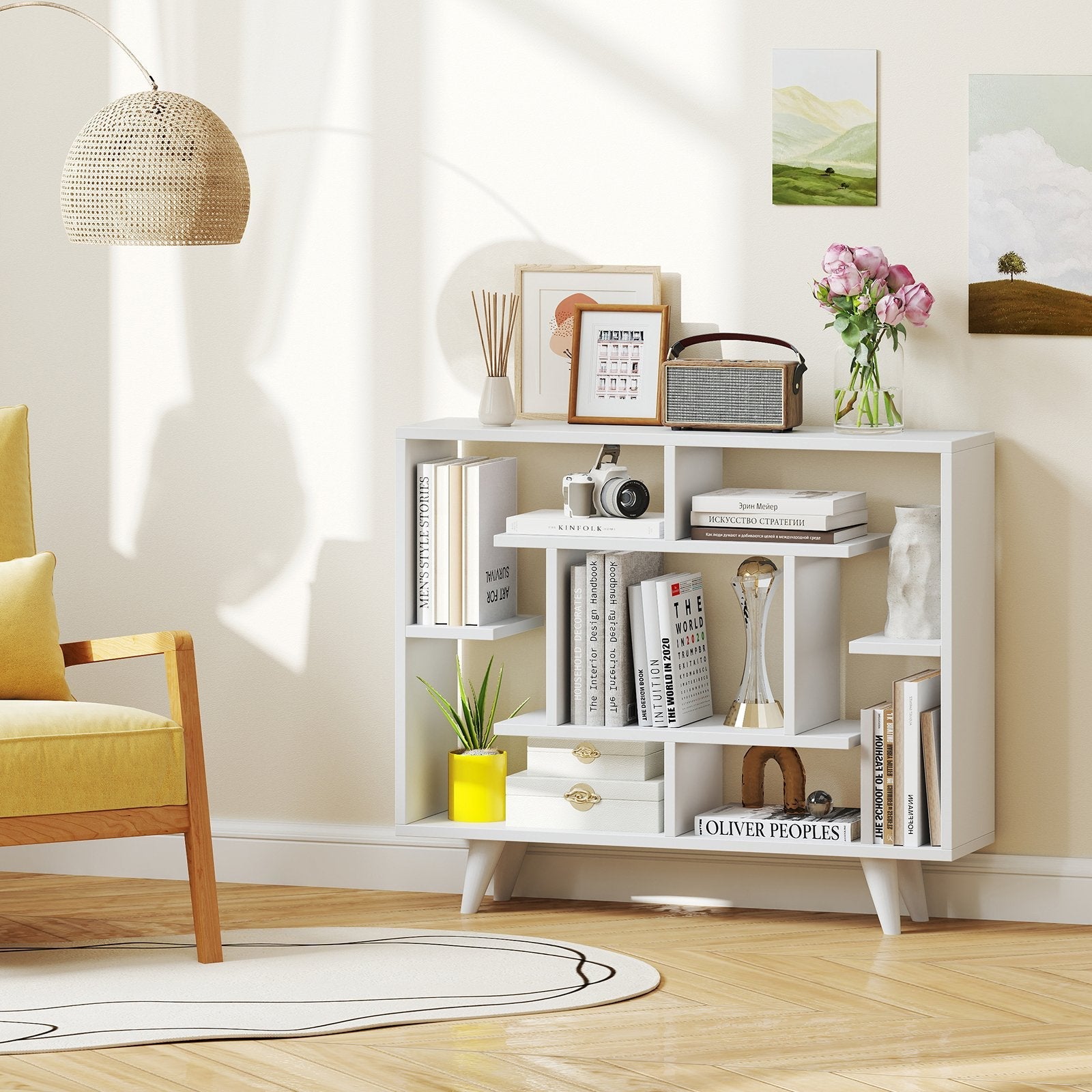 Geometric Bookcase with Anti-Tipping Kit and Storage Shelving Unit-White