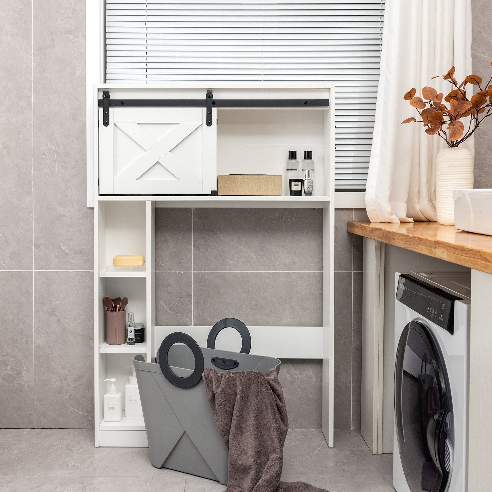 4-Tier Over The Toilet Storage Cabinet with Sliding Barn Door and Storage Shelves-Brown
