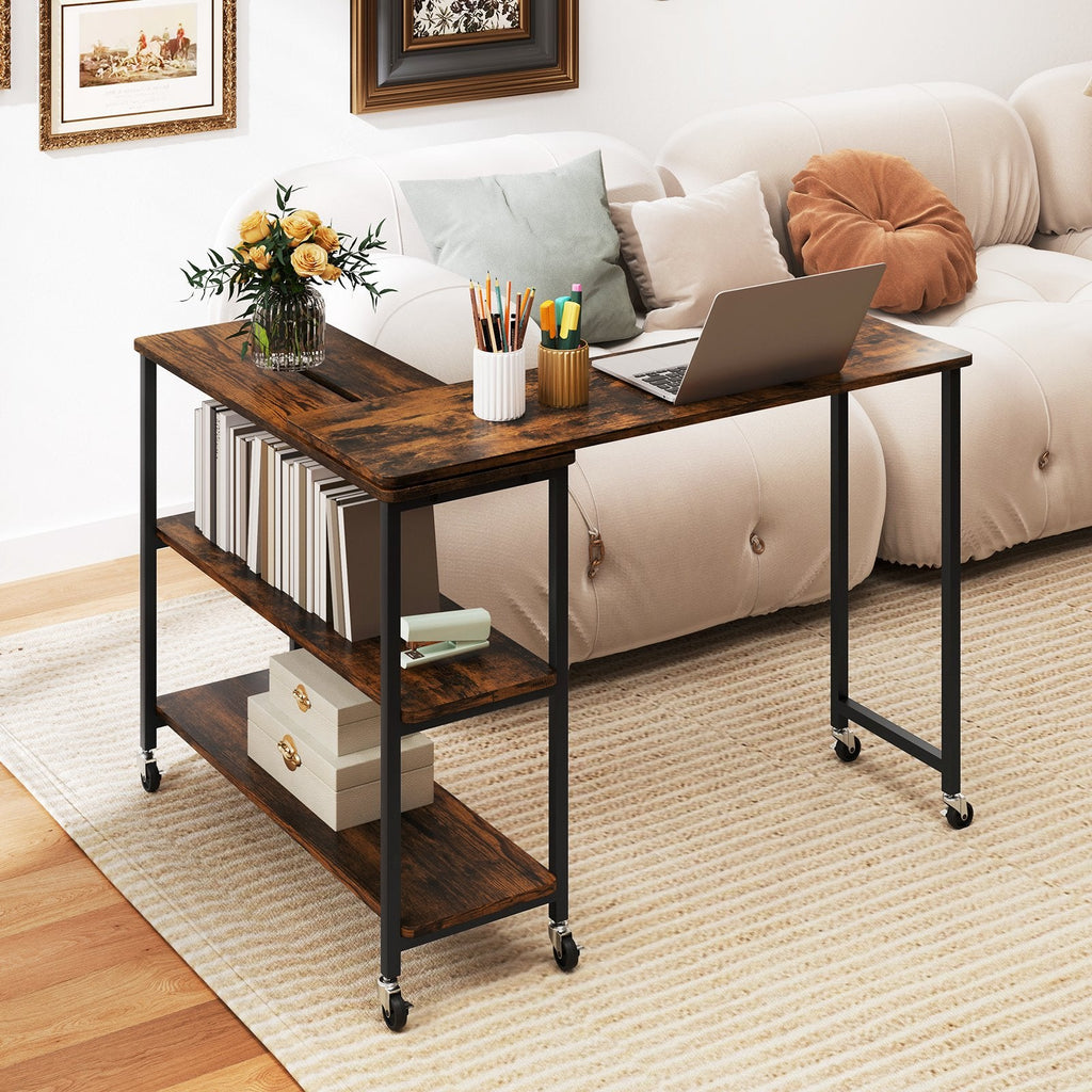 Patented Large 360-Degree Free Rotating Sofa Side Table with Wheels and Storage Shelf-Brown