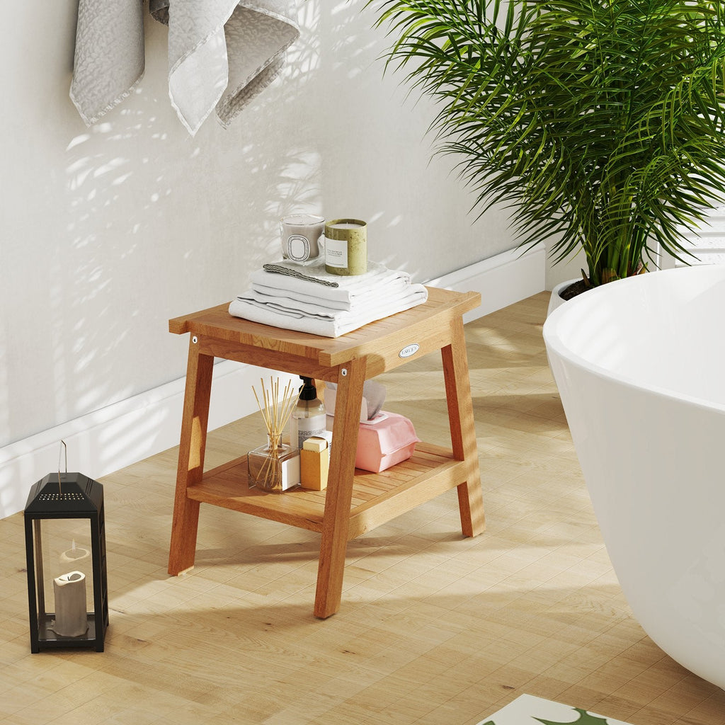 20 Inches Teak Wood Shower Bench with Storage Shelf and Adjustable Foot Pads