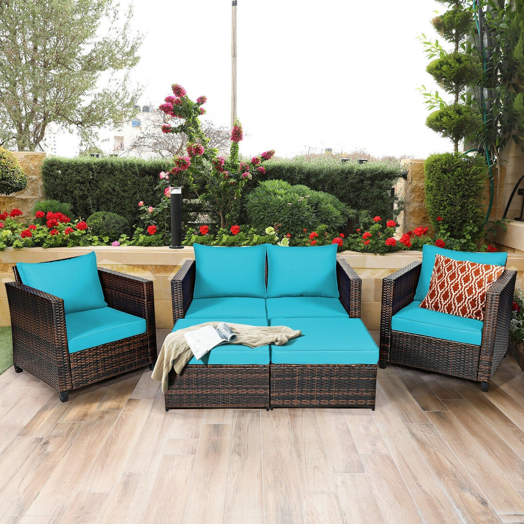 5 Pieces Patio Cushioned Rattan Furniture Set-Black