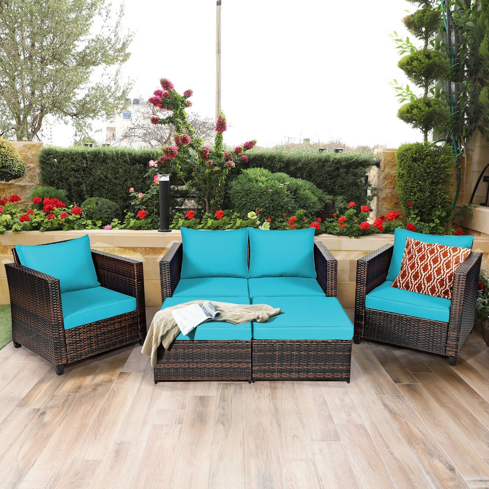 5 Pieces Patio Cushioned Rattan Furniture Set-Black