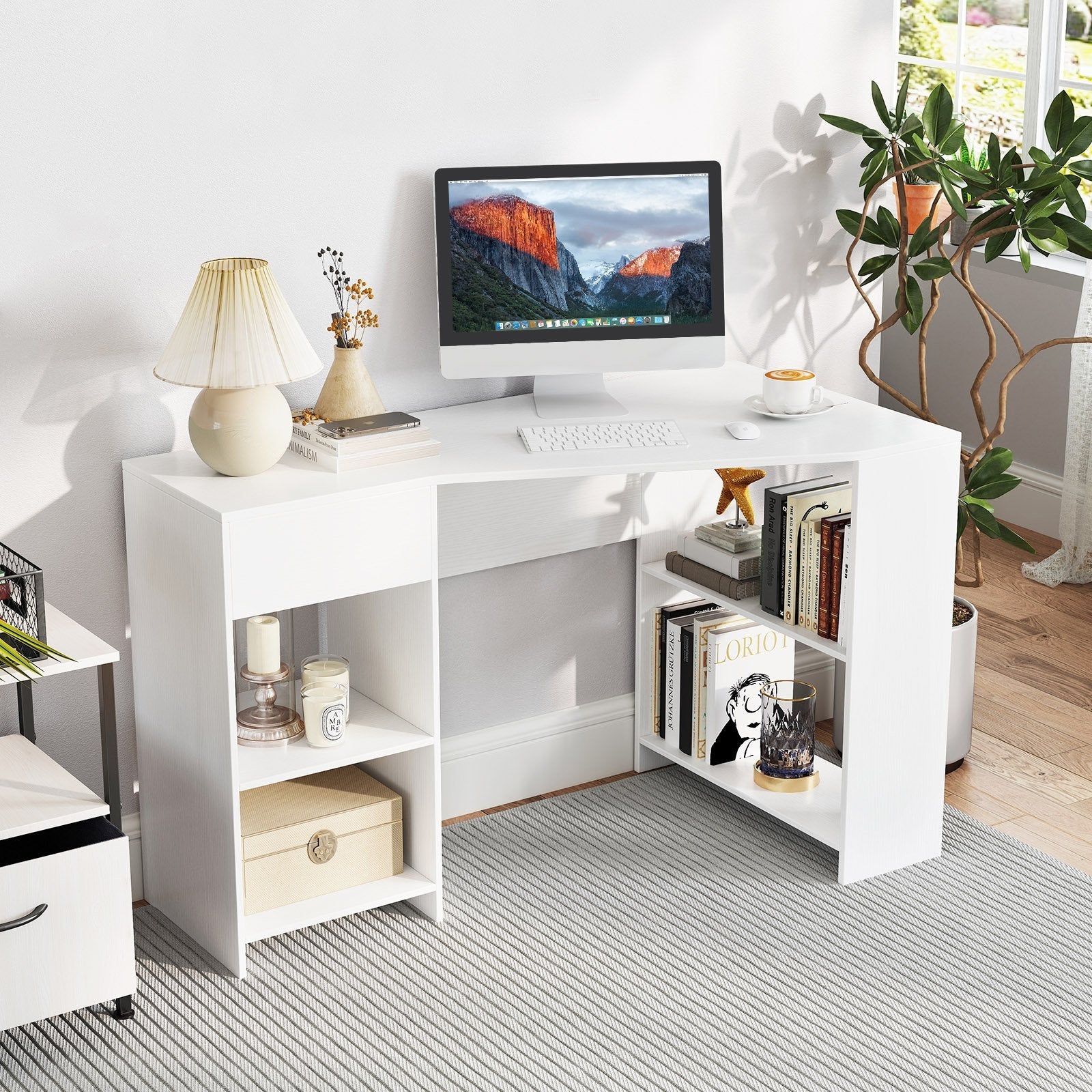 48 Inches L Shaped Corner Executive Computer Desk with Drawer-White
