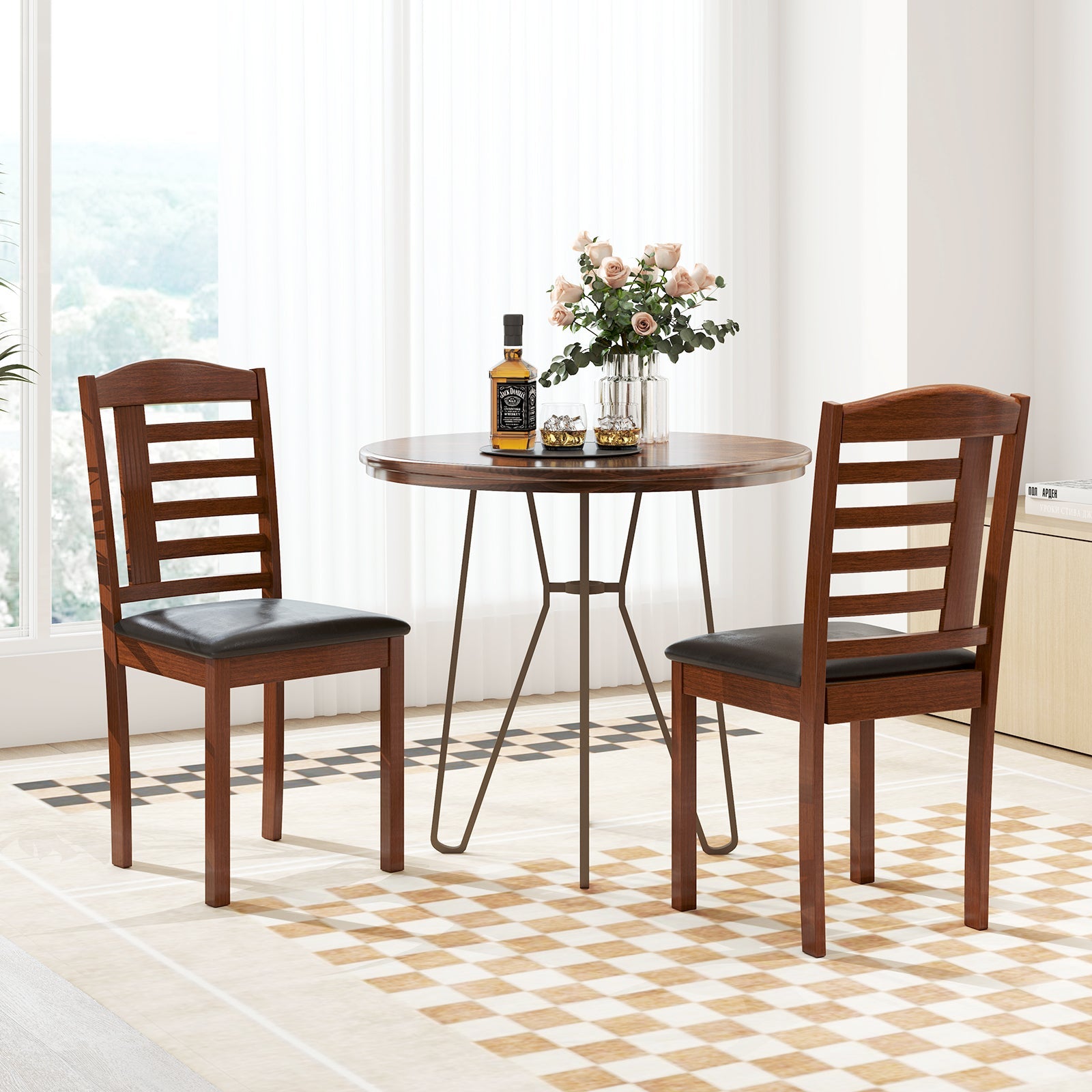 Set of 2 Wood Kitchen Chairs with Faux Leather Upholstered Seat-Beige