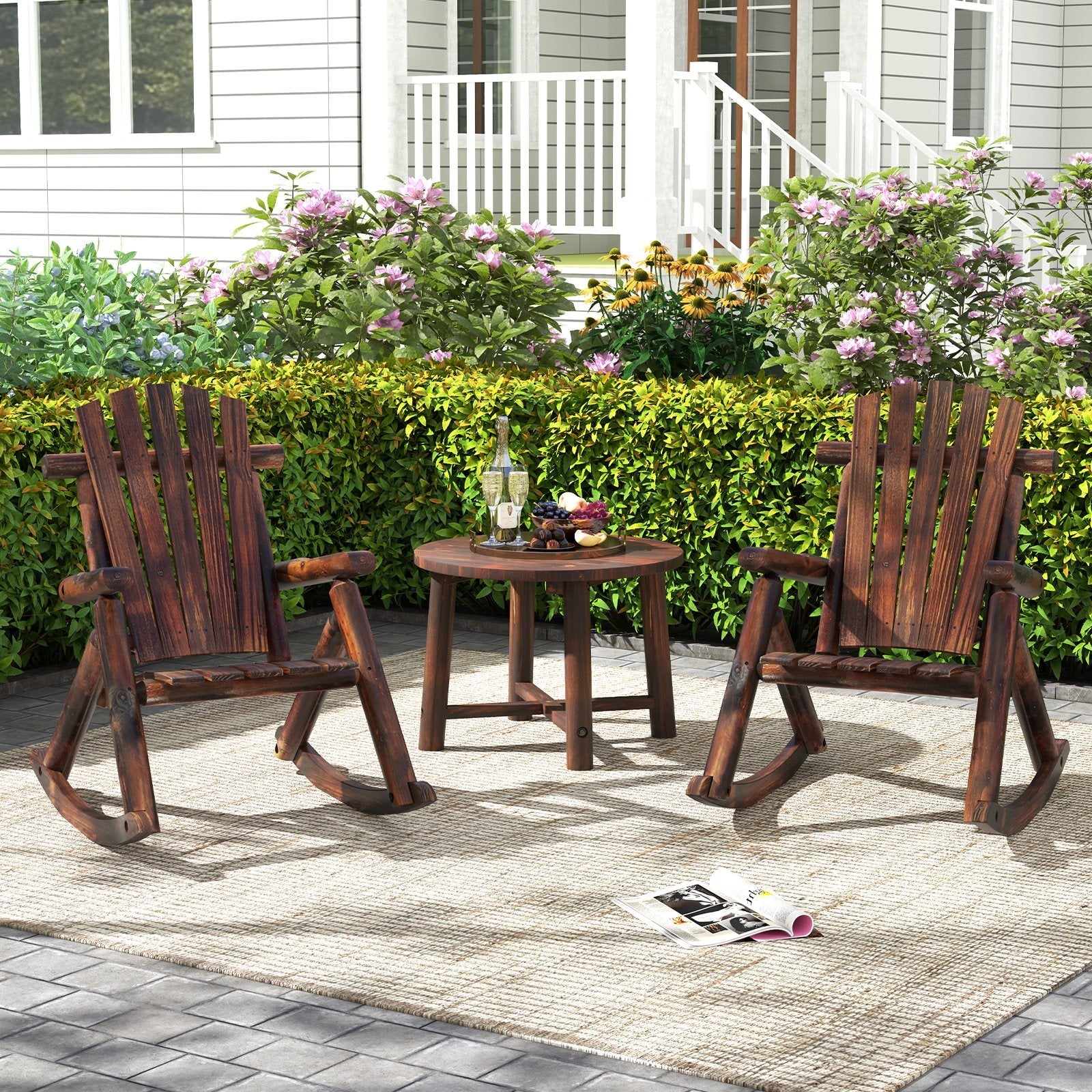 Outdoor Adirondack Rocking Chair for Adults Solid Wood Porch Rocker-Brown