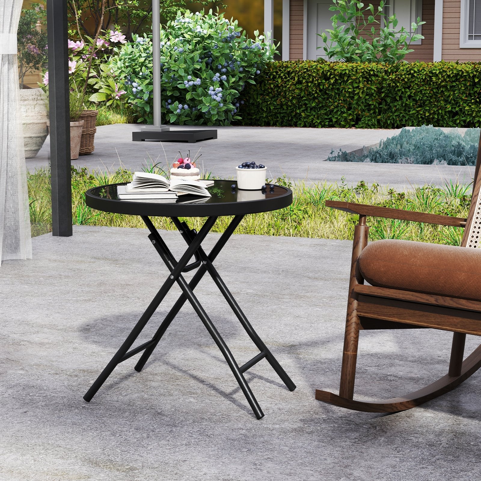 18 Inch Folding Side Table Patio Round Compact Coffee Table-Black
