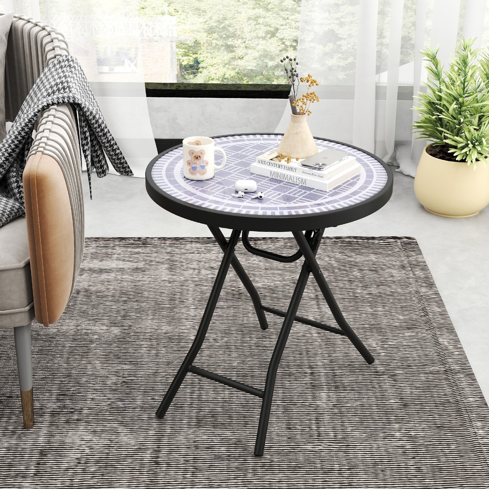 18 Inch Folding Side Table Patio Round Compact Coffee Table-Black