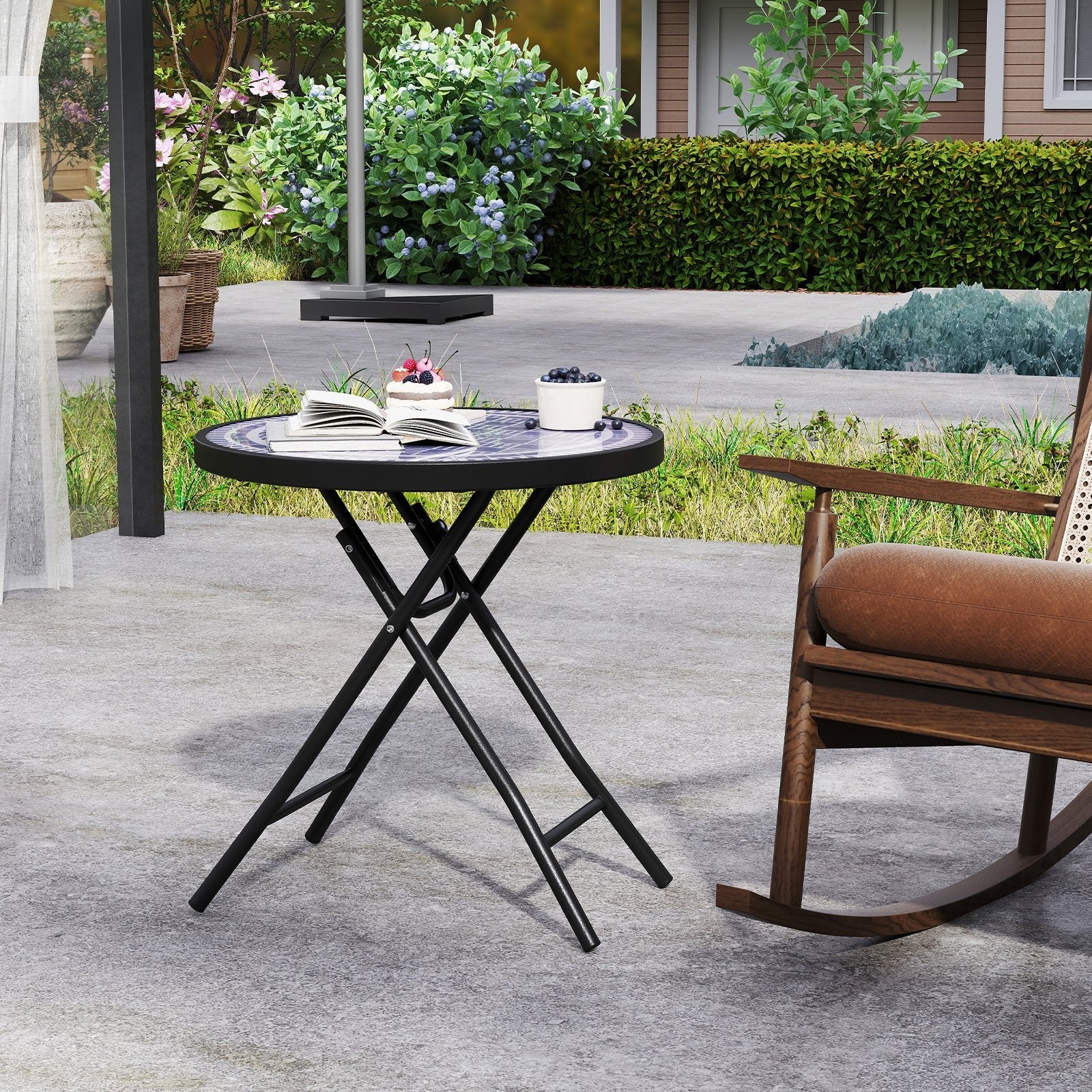 18 Inch Folding Side Table Patio Round Compact Coffee Table-Black