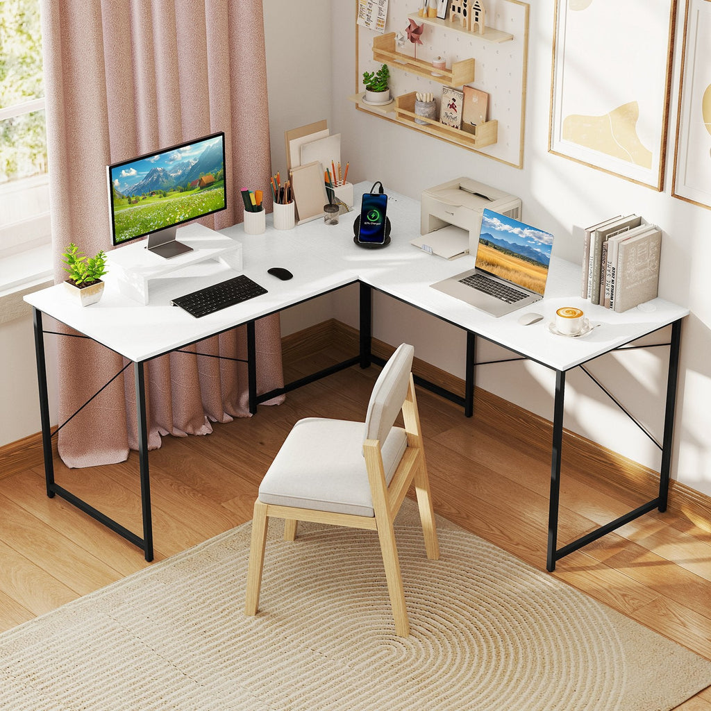 95 Inch 2-Person L-Shaped Long Reversible Computer Desk with Monitor Stand-Black