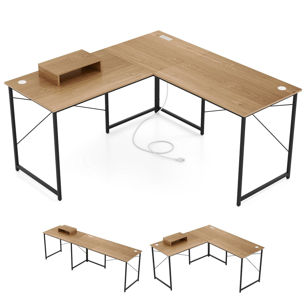 95 Inch 2-Person L-Shaped Long Reversible Computer Desk with Monitor Stand-Black