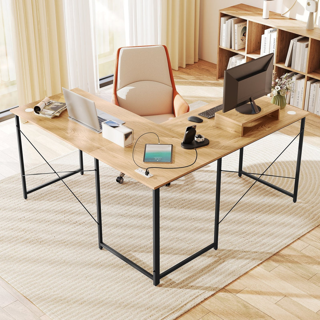 95 Inch 2-Person L-Shaped Long Reversible Computer Desk with Monitor Stand-Black