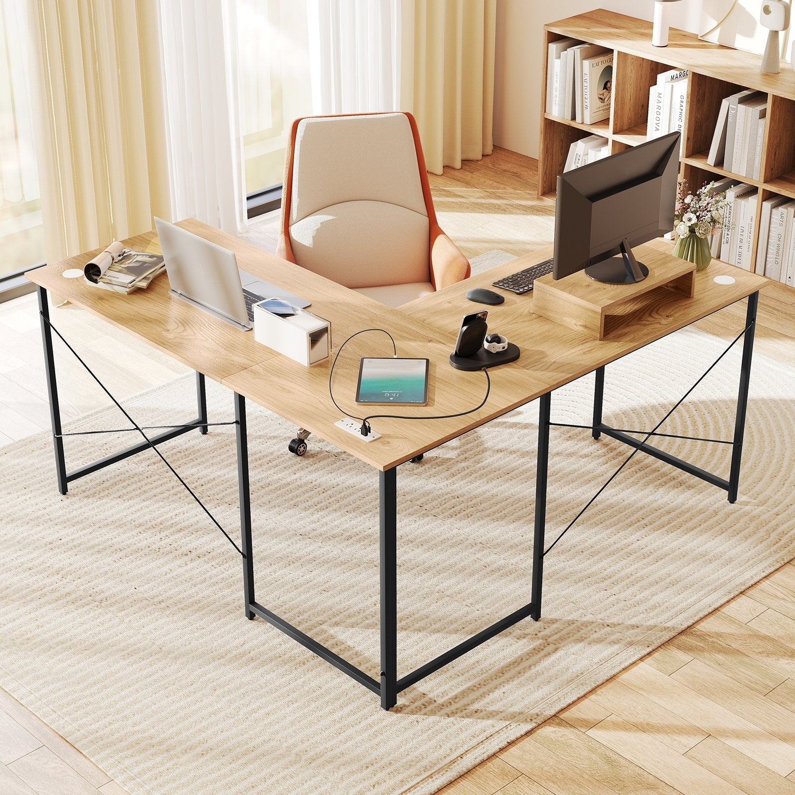 95 Inch 2-Person L-Shaped Long Reversible Computer Desk with Monitor Stand-Black